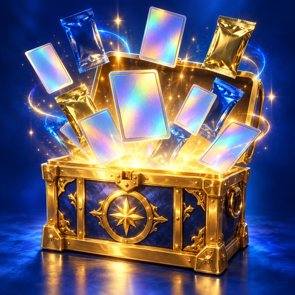 A golden treasure chest glowing with illustrated trading cards and foil packs